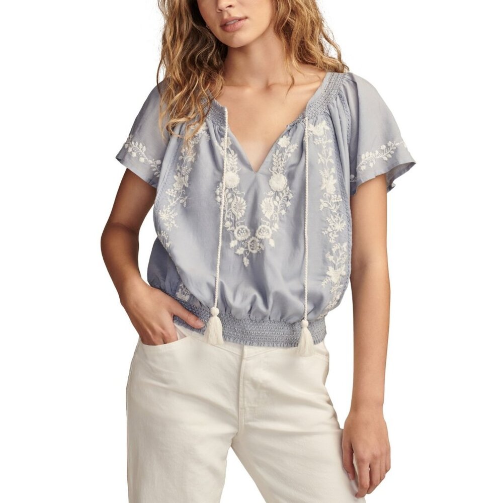 Lucky Brand Women's Embroidered Flutter-Sleeve Top Blue Size XL MSRP $90